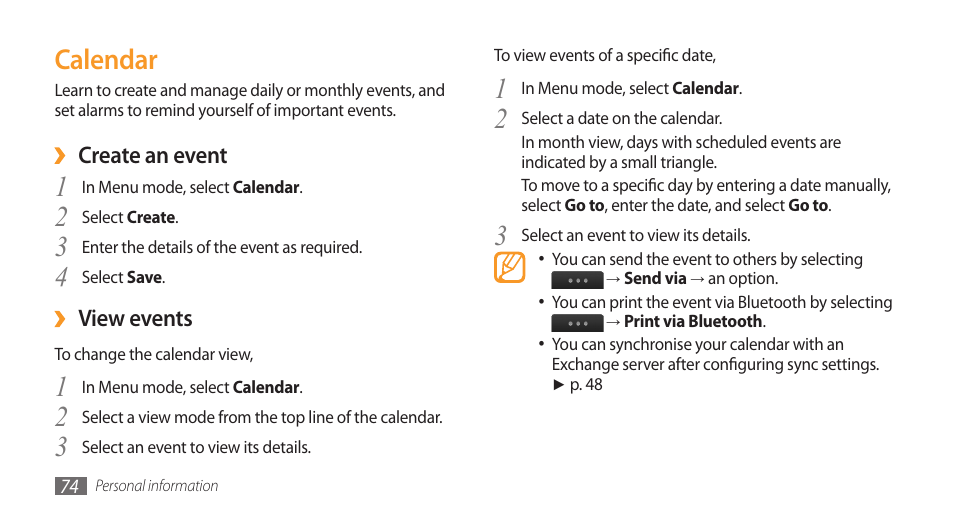 Calendar | Samsung Wave GH68-28277A User Manual | Page 75 / 137