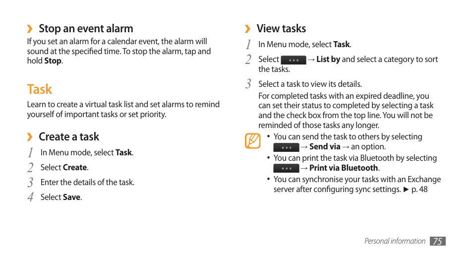 Task | Samsung Wave GH68-28277A User Manual | Page 76 / 137