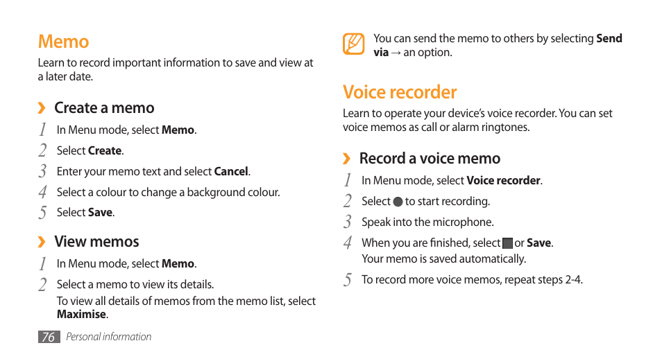 Memo, Voice recorder, Memo voice recorder | Samsung Wave GH68-28277A User Manual | Page 77 / 137