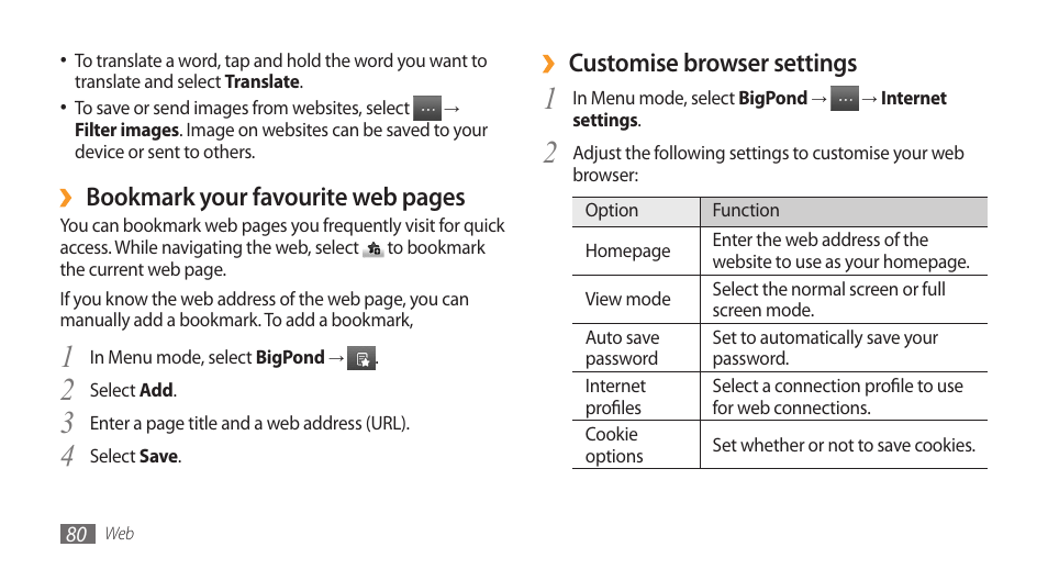 Customise browser settings, Bookmark your favourite web pages | Samsung Wave GH68-28277A User Manual | Page 81 / 137