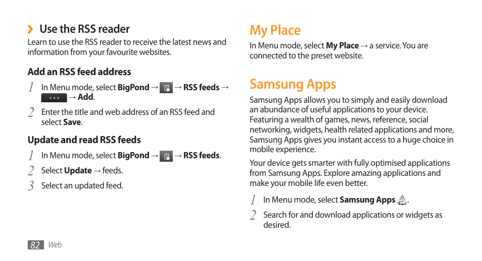 My place, Samsung apps, My place samsung apps | Use the rss reader | Samsung Wave GH68-28277A User Manual | Page 83 / 137