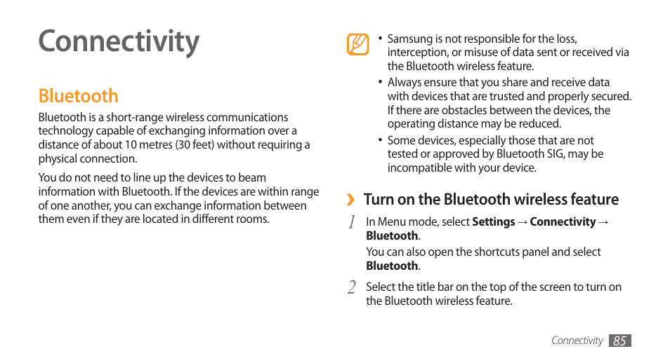 Connectivity, Bluetooth | Samsung Wave GH68-28277A User Manual | Page 86 / 137