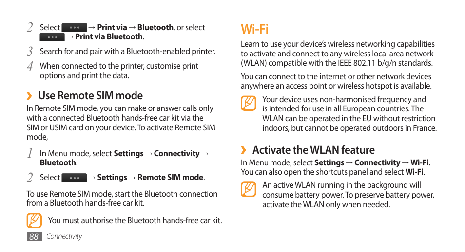 Wi-fi, Activate the wlan feature, Use remote sim mode | Samsung Wave GH68-28277A User Manual | Page 89 / 137