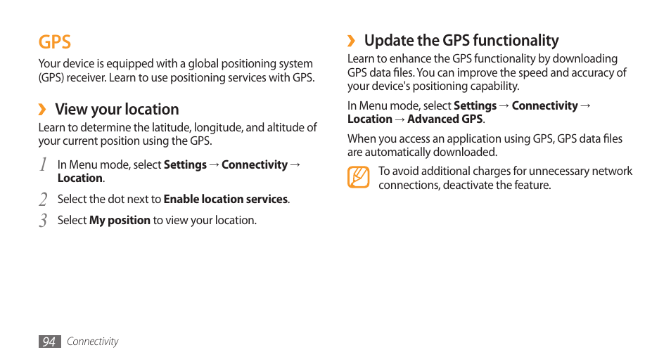Update the gps functionality, View your location | Samsung Wave GH68-28277A User Manual | Page 95 / 137