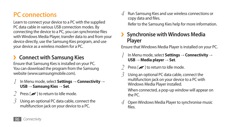 Pc connections, Synchronise with windows media player, Connect with samsung kies | Samsung Wave GH68-28277A User Manual | Page 97 / 137