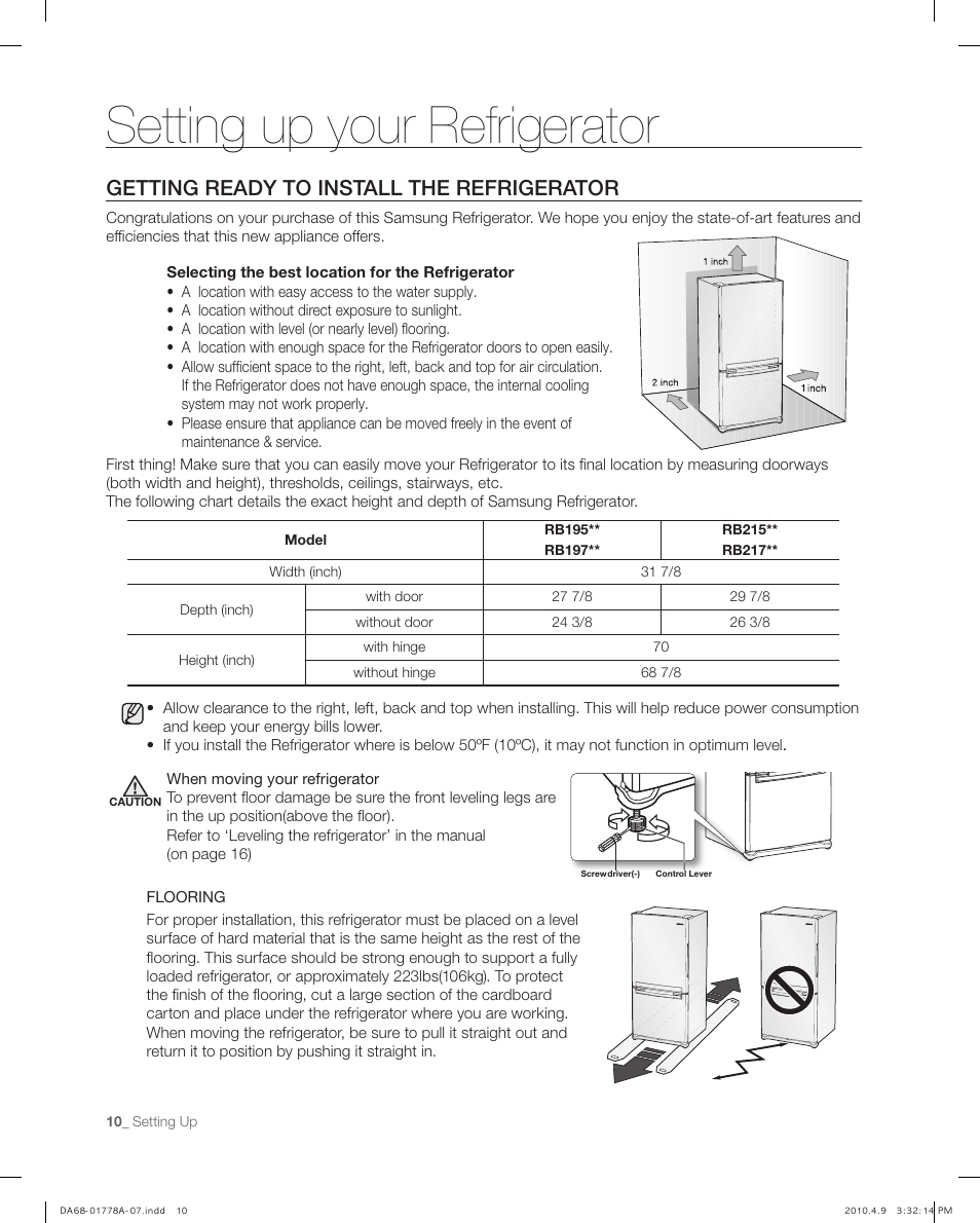 Setting up your refrigerator, Getting ready to install the refrigerator | Samsung RB197** User Manual | Page 10 / 32