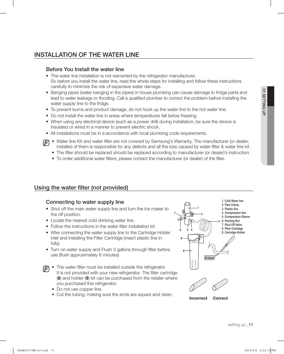 Installation of the water line, Using the water filter (not provided), Before you install the water line | Connecting to water supply line | Samsung RB197** User Manual | Page 11 / 32