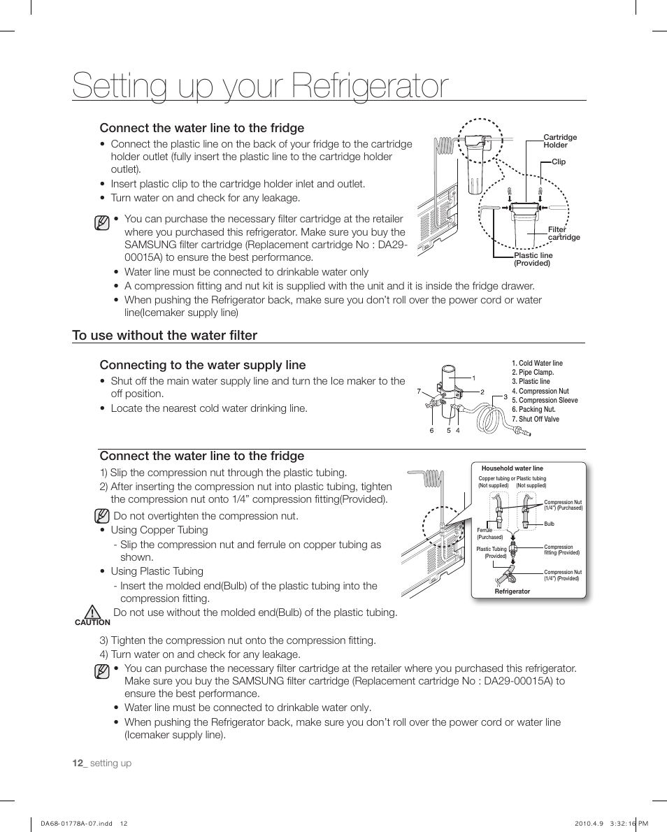 Setting up your refrigerator, Connect the water line to the fridge, Connecting to the water supply line | Samsung RB197** User Manual | Page 12 / 32