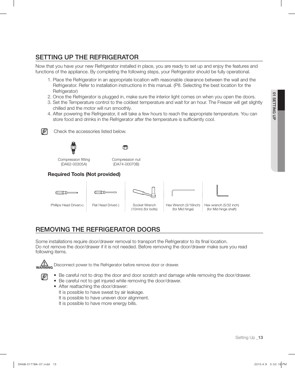 Setting up the refrigerator, Removing the refrigerator doors | Samsung RB197** User Manual | Page 13 / 32