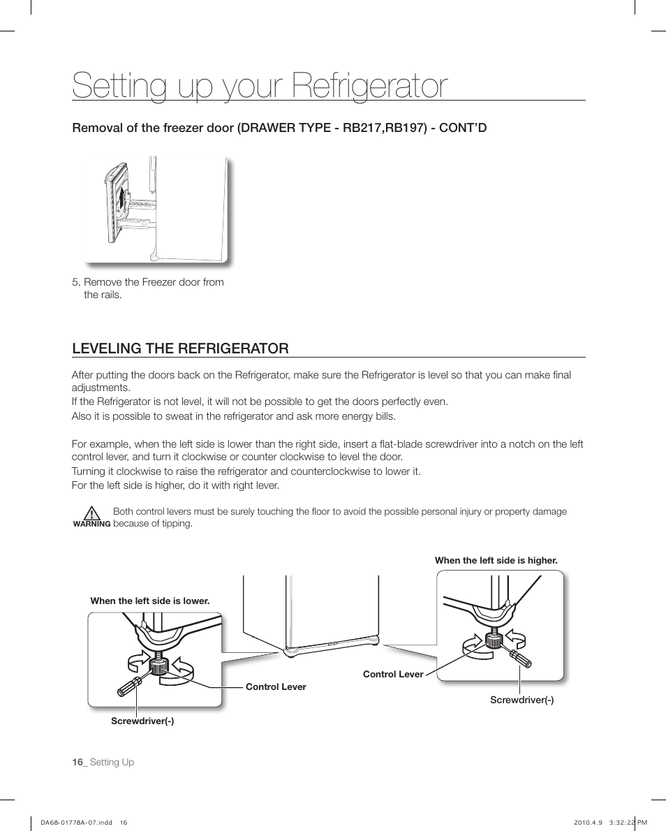 Leveling the refrigerator, Setting up your refrigerator | Samsung RB197** User Manual | Page 16 / 32