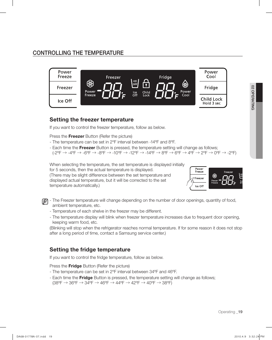 Controlling the temperature, Setting the freezer temperature, Setting the fridge temperature | Samsung RB197** User Manual | Page 19 / 32