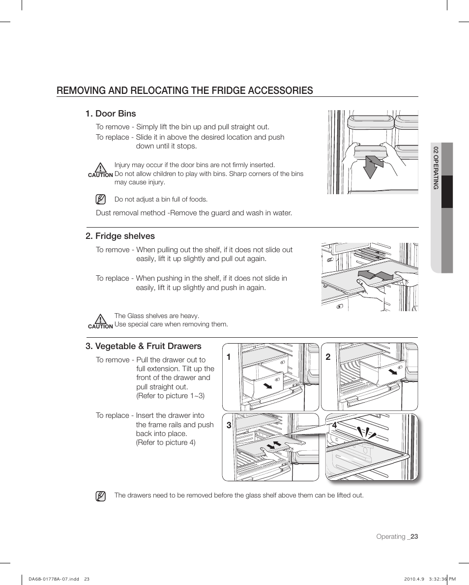 Removing and relocating the fridge accessories, Fridge shelves, Door bins | Vegetable & fruit drawers | Samsung RB197** User Manual | Page 23 / 32