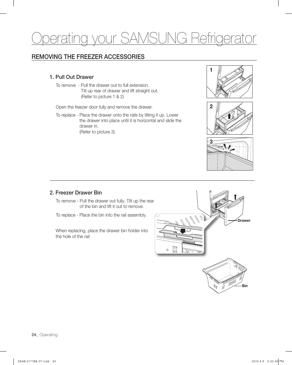 Removing the freezer accessories, Operating your samsung refrigerator | Samsung RB197** User Manual | Page 24 / 32