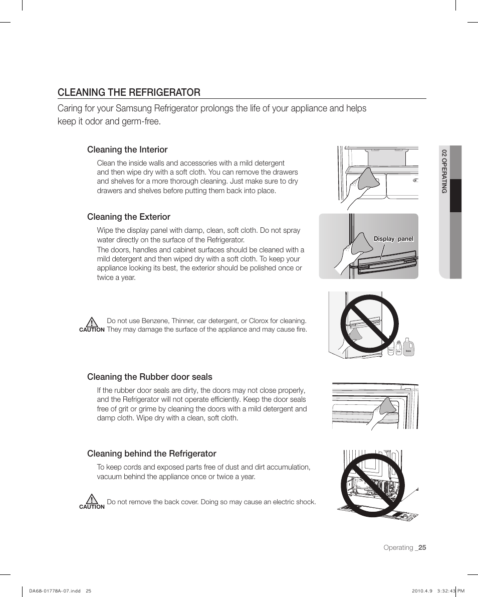 Cleaning the refrigerator, Cleaning the interior, Cleaning the rubber door seals | Cleaning behind the refrigerator, Cleaning the exterior | Samsung RB197** User Manual | Page 25 / 32