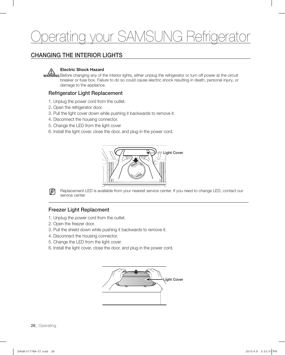 Changing the interior lights, Operating your samsung refrigerator | Samsung RB197** User Manual | Page 26 / 32