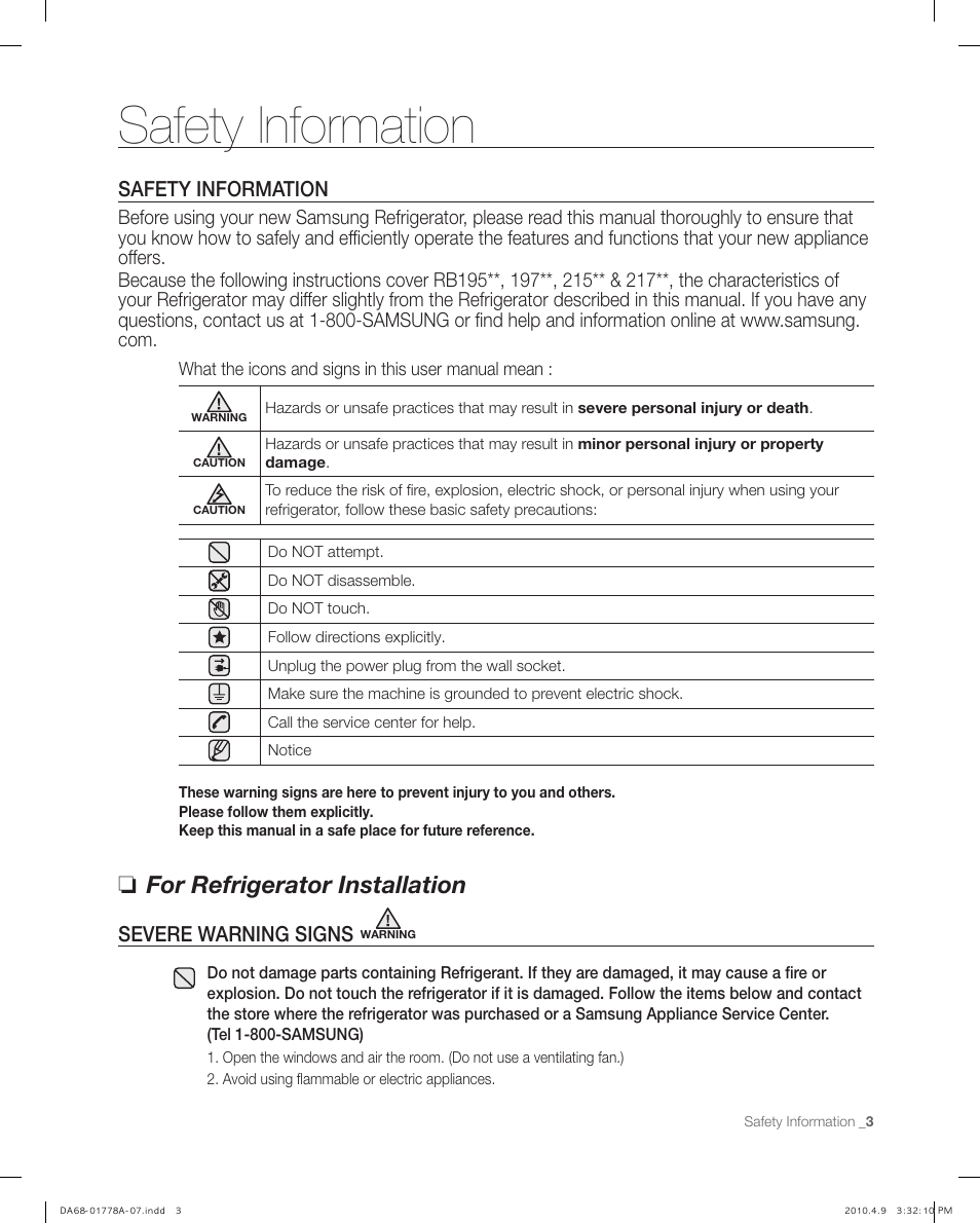 Safety information, For refrigerator installation, Severe warning signs | Samsung RB197** User Manual | Page 3 / 32