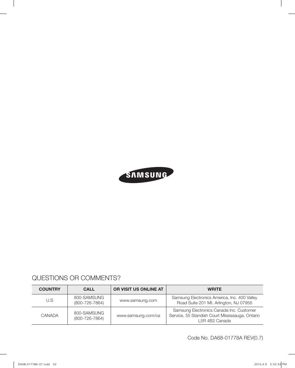 Questions or comments | Samsung RB197** User Manual | Page 32 / 32