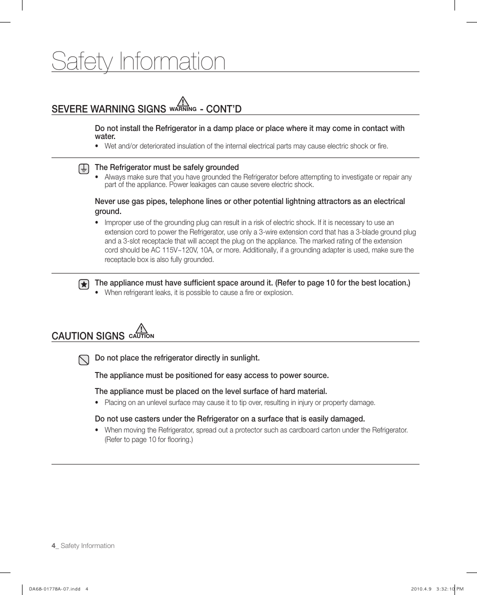 Safety information, Caution signs, Severe warning signs | Cont’d | Samsung RB197** User Manual | Page 4 / 32