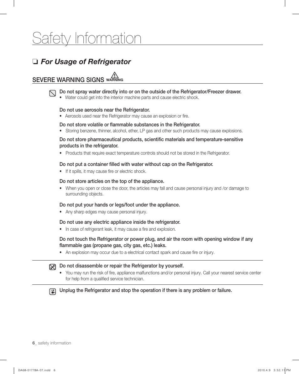 Safety information, For usage of refrigerator, Severe warning signs | Samsung RB197** User Manual | Page 6 / 32
