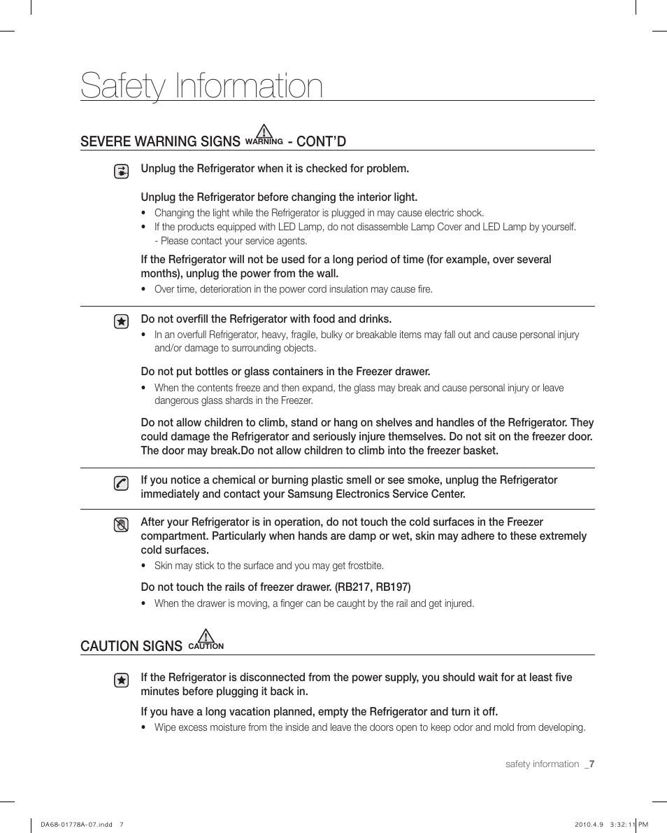 Safety information, Caution signs, Severe warning signs | Cont’d | Samsung RB197** User Manual | Page 7 / 32
