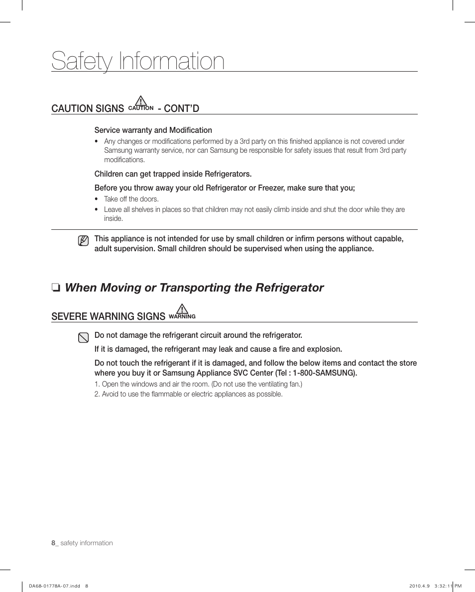 Safety information, When moving or transporting the refrigerator | Samsung RB197** User Manual | Page 8 / 32