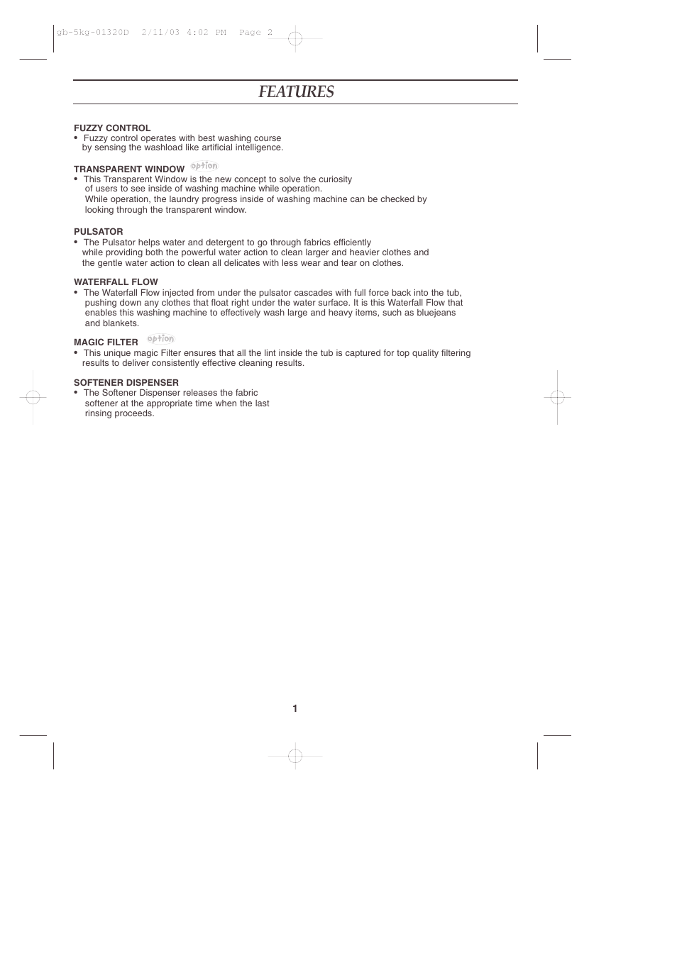 Features | Samsung WA70K2P User Manual | Page 2 / 12