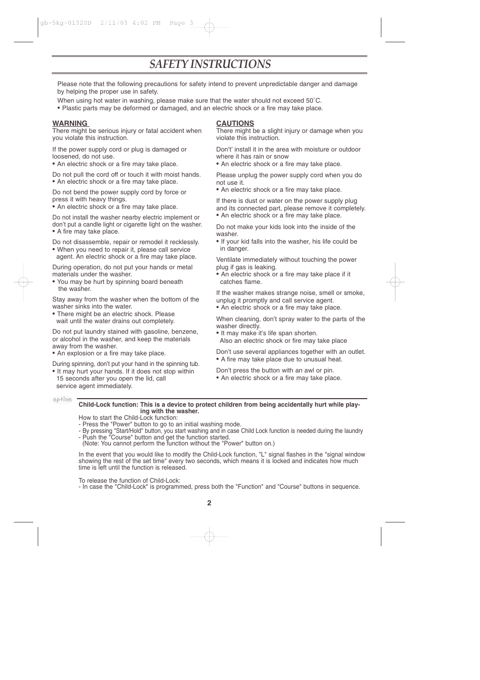 Safety instructions | Samsung WA70K2P User Manual | Page 3 / 12