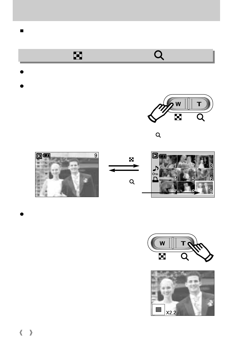 Using the camera buttons to adjust the camera, Thumbnail ( ) / enlargement ( ) button | Samsung Digimax 3100 User Manual | Page 48 / 104