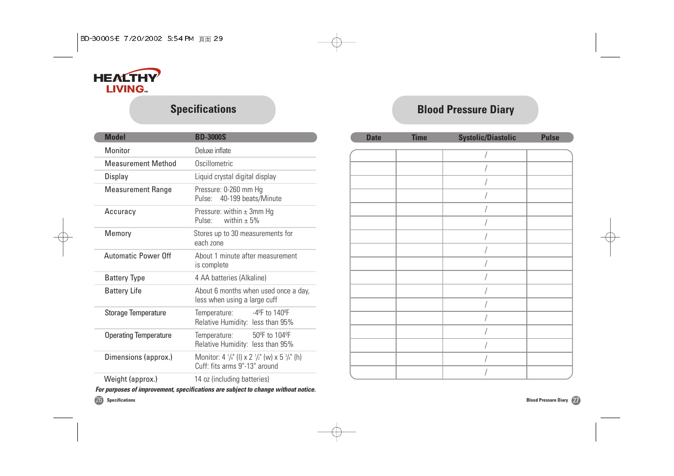 Blood pressure diary, Specifications | Samsung BD-3000S User Manual | Page 15 / 32