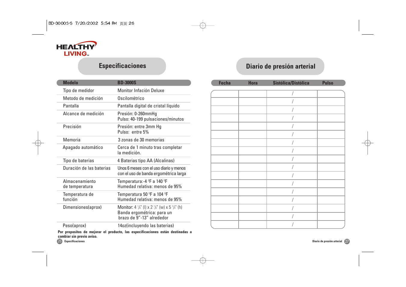 Diario de presión arterial, Especificaciones | Samsung BD-3000S User Manual | Page 30 / 32