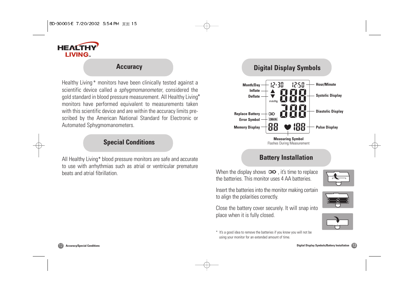 Digital display symbols battery installation, Special conditions accuracy | Samsung BD-3000S User Manual | Page 8 / 32