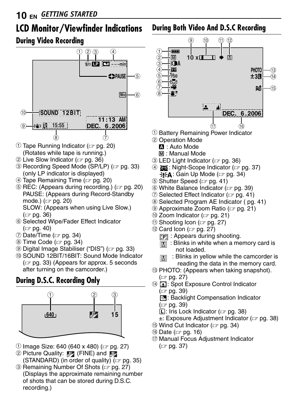 Lcd monitor/viewfinder indications, During video recording, During d.s.c. recording only | During both video and d.s.c recording, Getting started | JVC GR-D390EK User Manual | Page 10 / 56