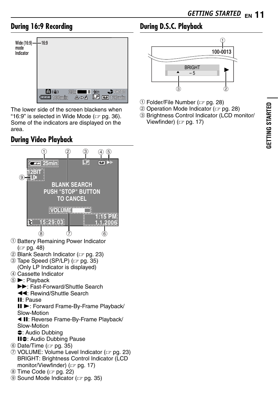 During 16:9 recording, During video playback, During d.s.c. playback | Getting started | JVC GR-D390EK User Manual | Page 11 / 56