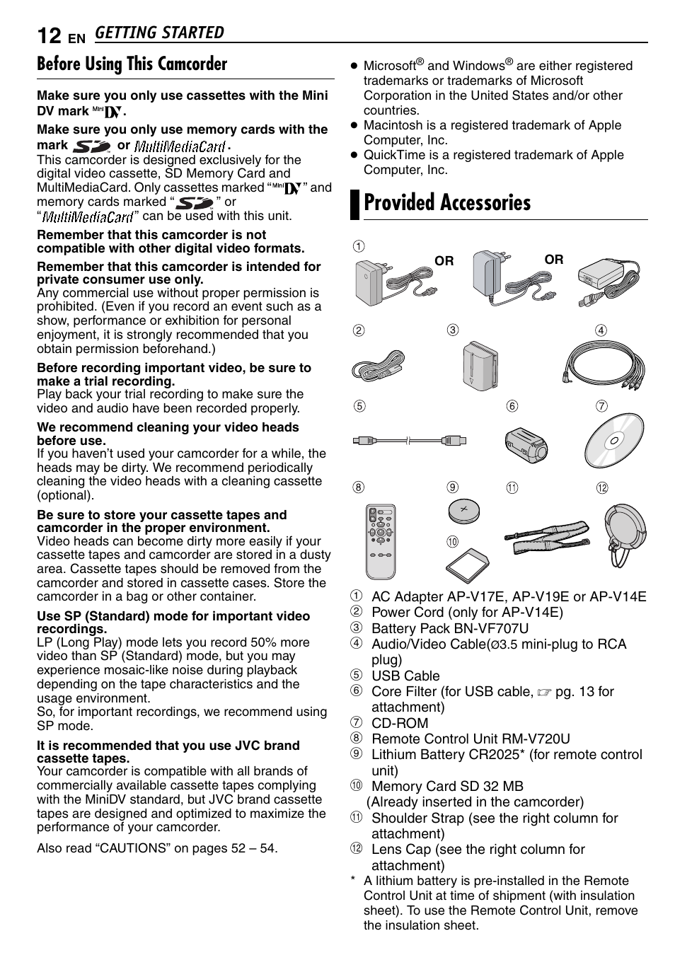 Before using this camcorder, Provided accessories, Getting started | JVC GR-D390EK User Manual | Page 12 / 56