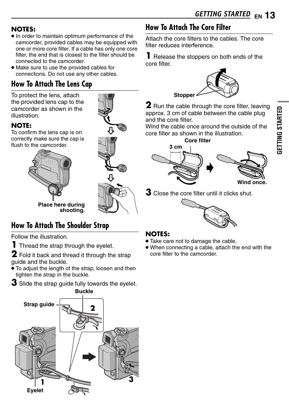 How to attach the lens cap, How to attach the shoulder strap, How to attach the core filter | Pg. 13), Pg. 13 f | JVC GR-D390EK User Manual | Page 13 / 56