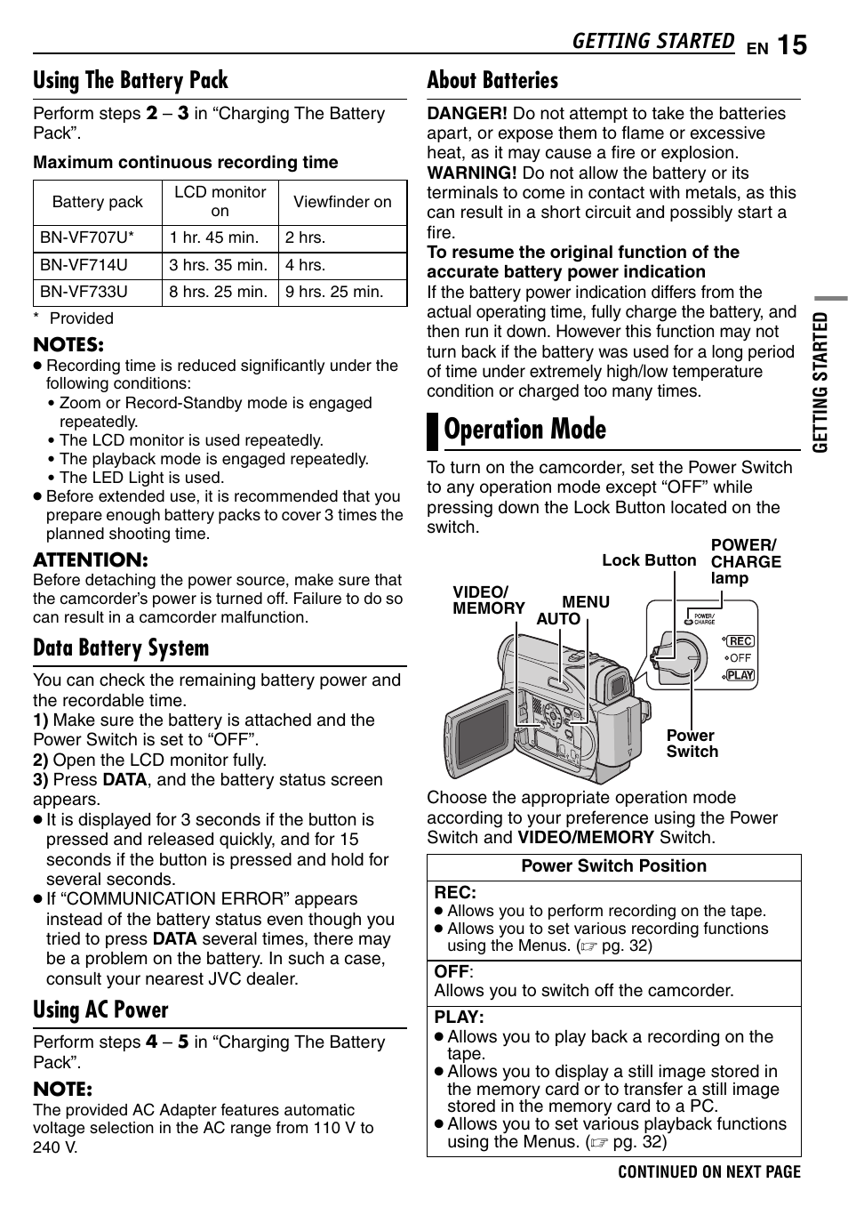 Using the battery pack, Data battery system, Using ac power | About batteries, Operation mode, Pg. 15), Getting started | JVC GR-D390EK User Manual | Page 15 / 56