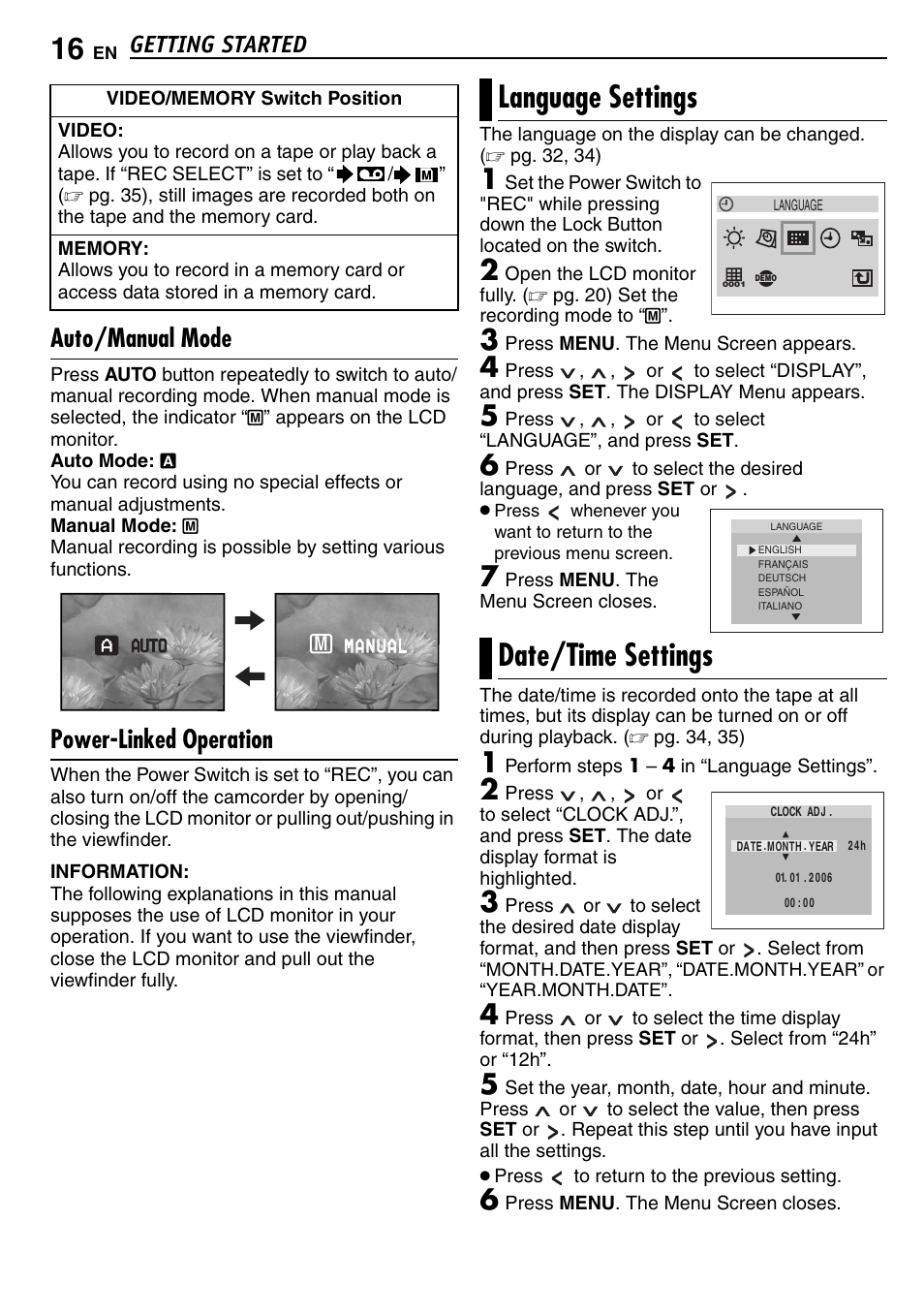 Auto/manual mode, Power-linked operation, Language settings | Date/time settings, Tton, Pg. 16), 16 date/time settings, Language settings date/time settings, Getting started | JVC GR-D390EK User Manual | Page 16 / 56