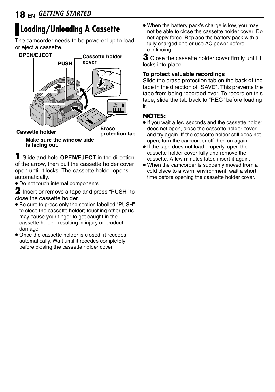 Loading/unloading a cassette, Pg. 18), Getting started | JVC GR-D390EK User Manual | Page 18 / 56