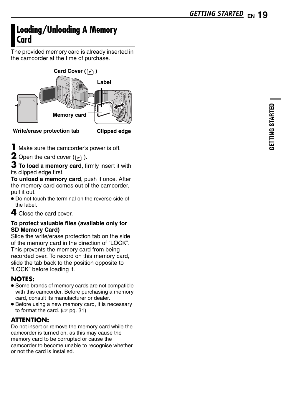 Loading/unloading a memory card, Pg. 19), Slot | Getting started | JVC GR-D390EK User Manual | Page 19 / 56