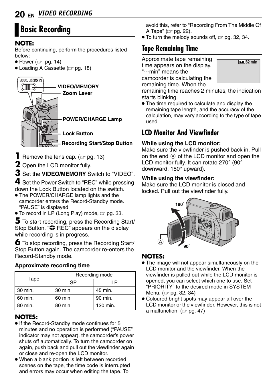 Video recording, Basic recording, Tape remaining time | Lcd monitor and viewfinder, Video recording & playback, 20 lcd monitor and viewfinder, Pg. 20) | JVC GR-D390EK User Manual | Page 20 / 56