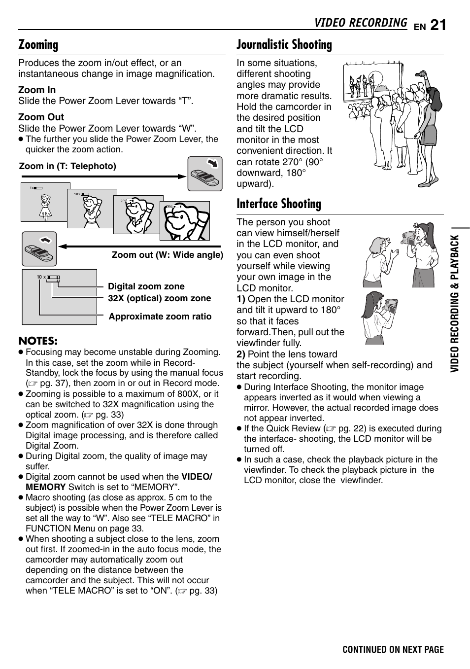 Zooming, Journalistic shooting, Interface shooting | 21 journalistic shooting, 21 interface shooting, Pg. 21), Video recording | JVC GR-D390EK User Manual | Page 21 / 56