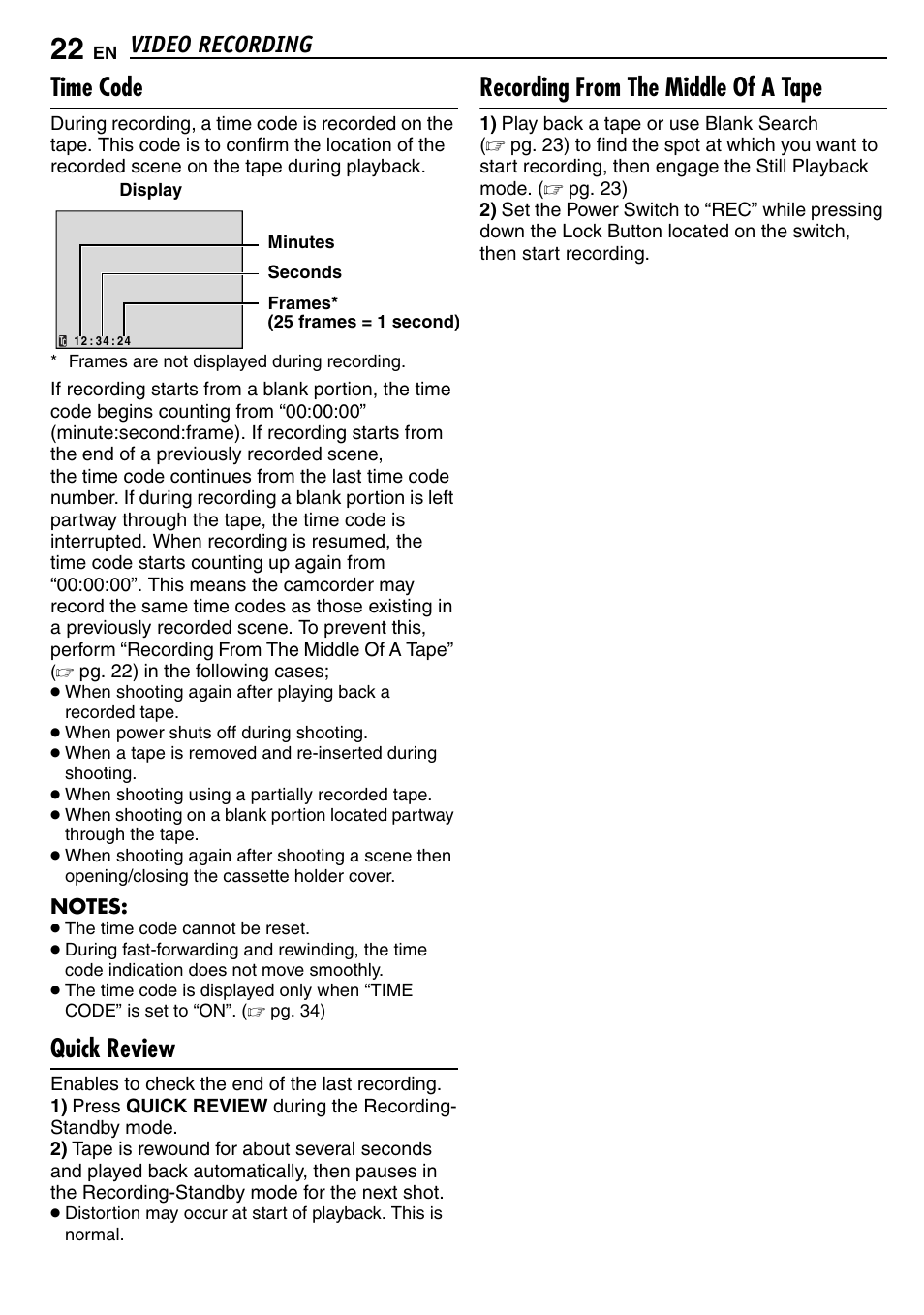 Time code, Quick review, Recording from the middle of a tape | 22 quick review, 22 recording from the middle of a tape, Pg. 22), Video recording | JVC GR-D390EK User Manual | Page 22 / 56