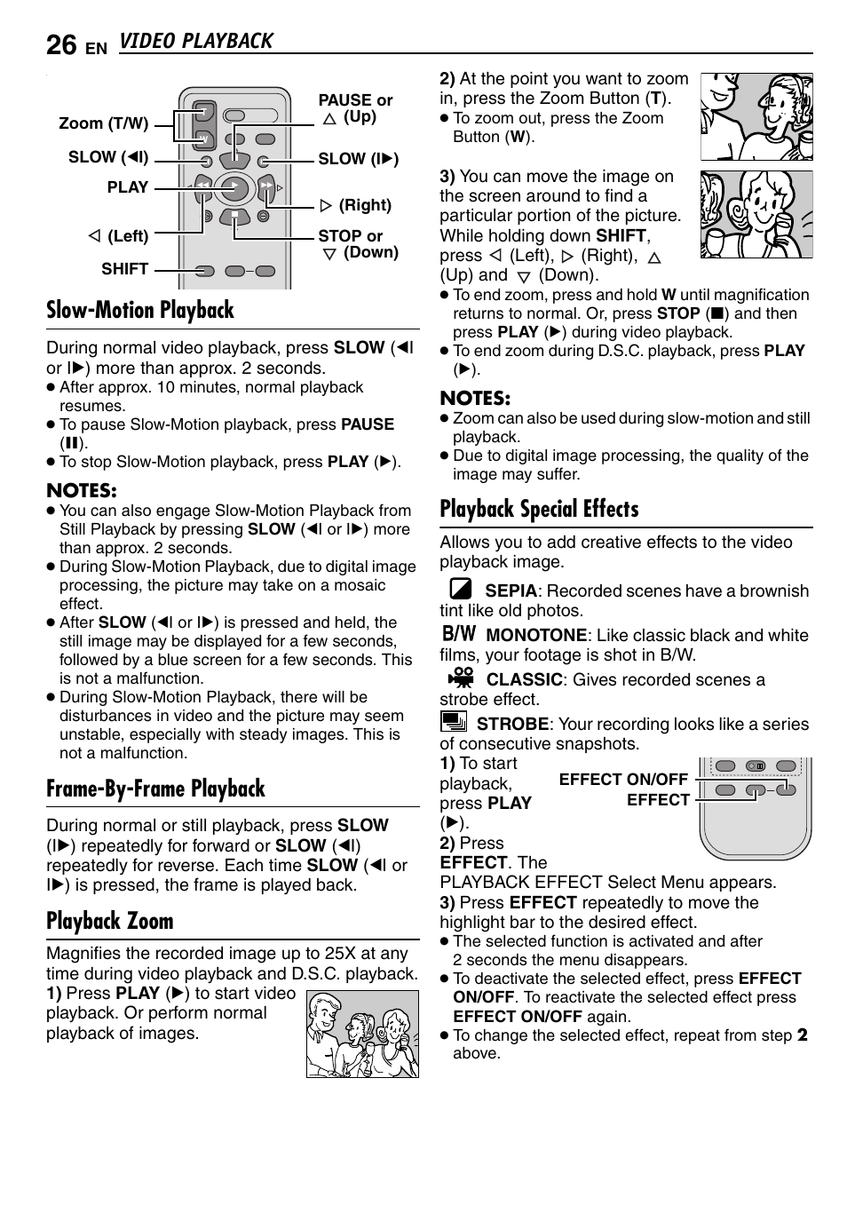 Slow-motion playback, Frame-by-frame playback, Playback zoom | Playback special effects, Pg. 26), Video playback | JVC GR-D390EK User Manual | Page 26 / 56