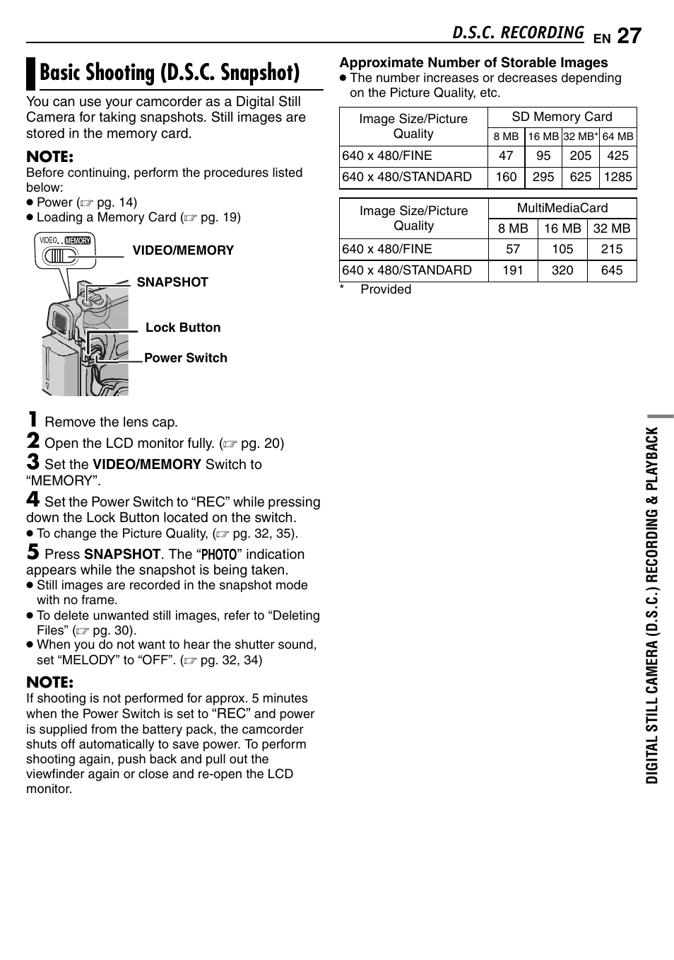 D.s.c. recording, Basic shooting (d.s.c. snapshot), Digital still camera (d.s.c.) recording & playback | Pg. 27) | JVC GR-D390EK User Manual | Page 27 / 56