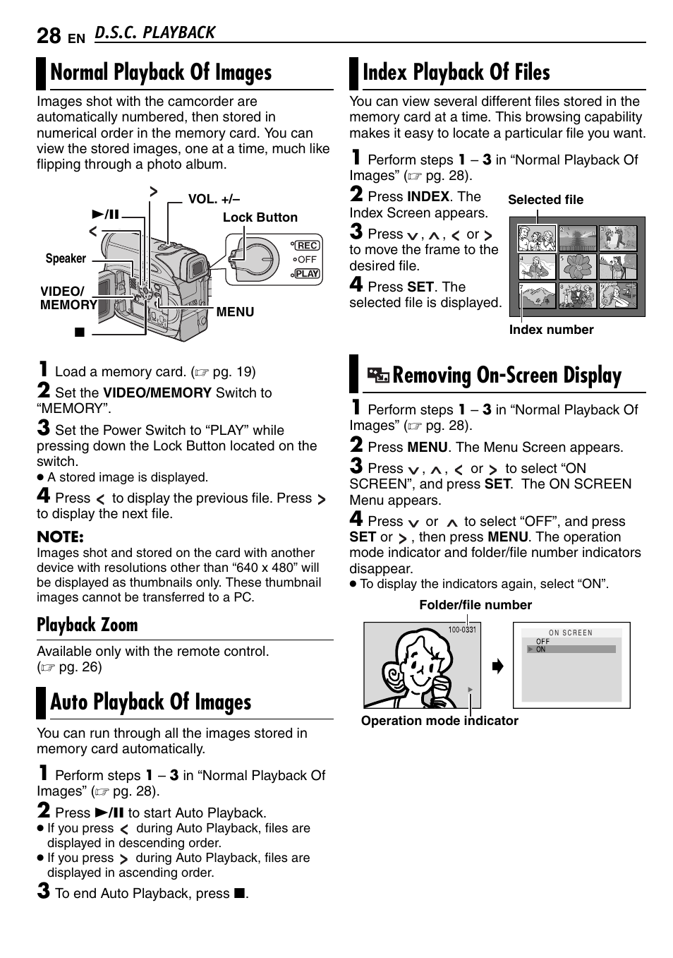 D.s.c. playback, Normal playback of images, Playback zoom | Auto playback of images, Index playback of files, Removing on-screen display, 28 auto playback of images, 28 index playback of files, 28 removing on-screen display, Ndex | JVC GR-D390EK User Manual | Page 28 / 56