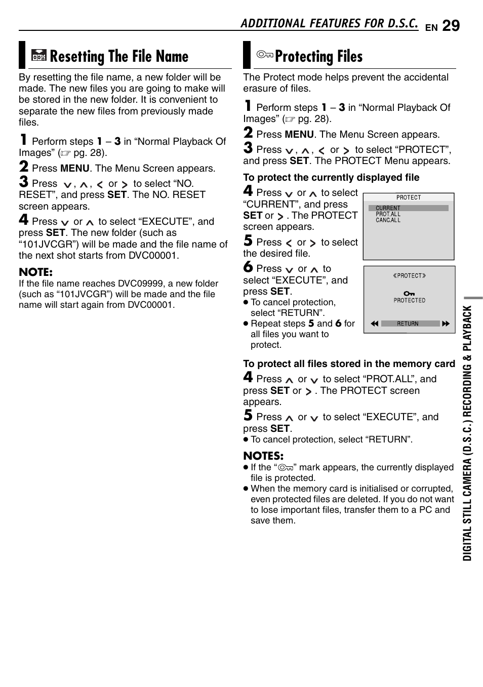 Additional features for d.s.c, Resetting the file name, Protecting files | 29 protecting files, Resetting the file name protecting files | JVC GR-D390EK User Manual | Page 29 / 56