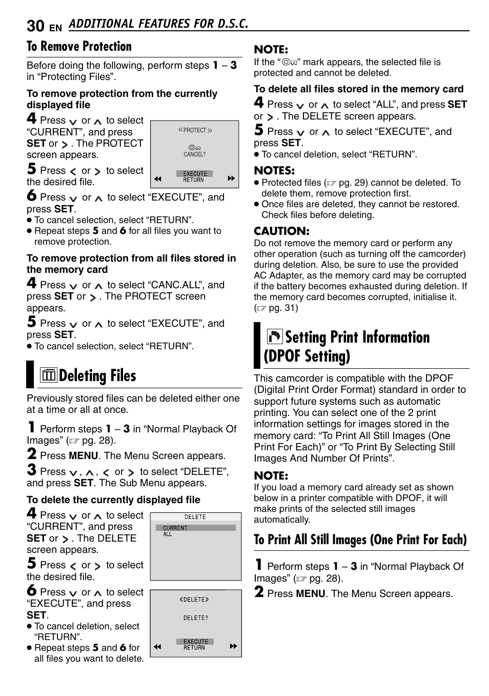 To remove protection, Deleting files, Setting print information (dpof setting) | To print all still images (one print for each), 30 setting print information (dpof setting), R to “deleting, Files, Pg. 30), Additional features for d.s.c | JVC GR-D390EK User Manual | Page 30 / 56