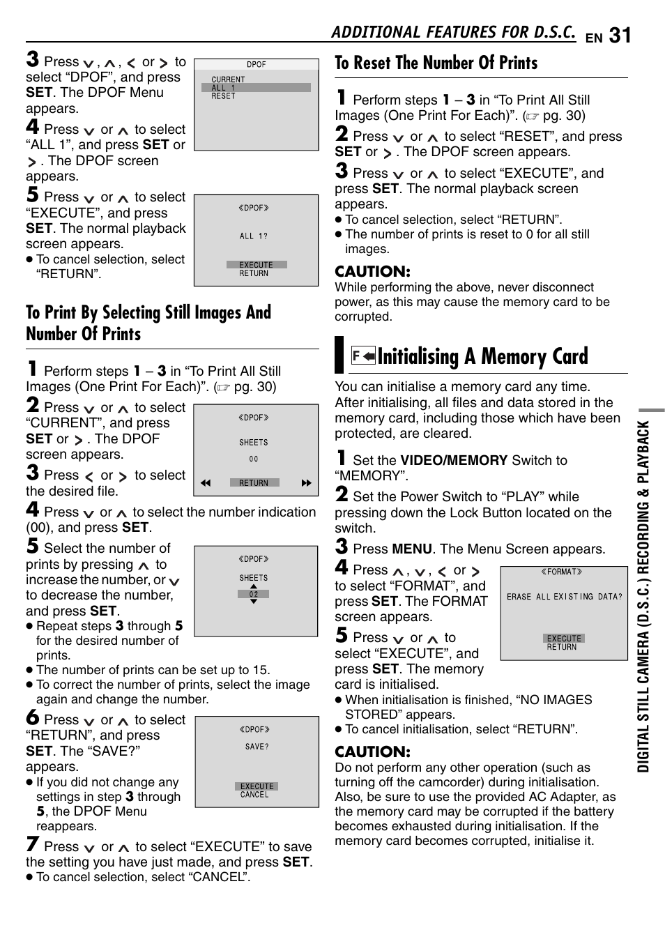 To reset the number of prints, Initialising a memory card, Pg. 31) | Additional features for d.s.c | JVC GR-D390EK User Manual | Page 31 / 56