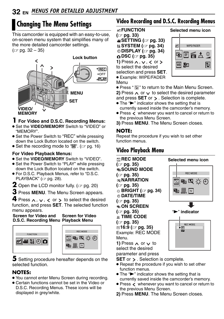 Menus for detailed adjustment, Changing the menu settings, Video recording and d.s.c. recording menus | Video playback menu, Pg. 32, 3, Advanced features, Pg. 32), Pg. 32 | JVC GR-D390EK User Manual | Page 32 / 56