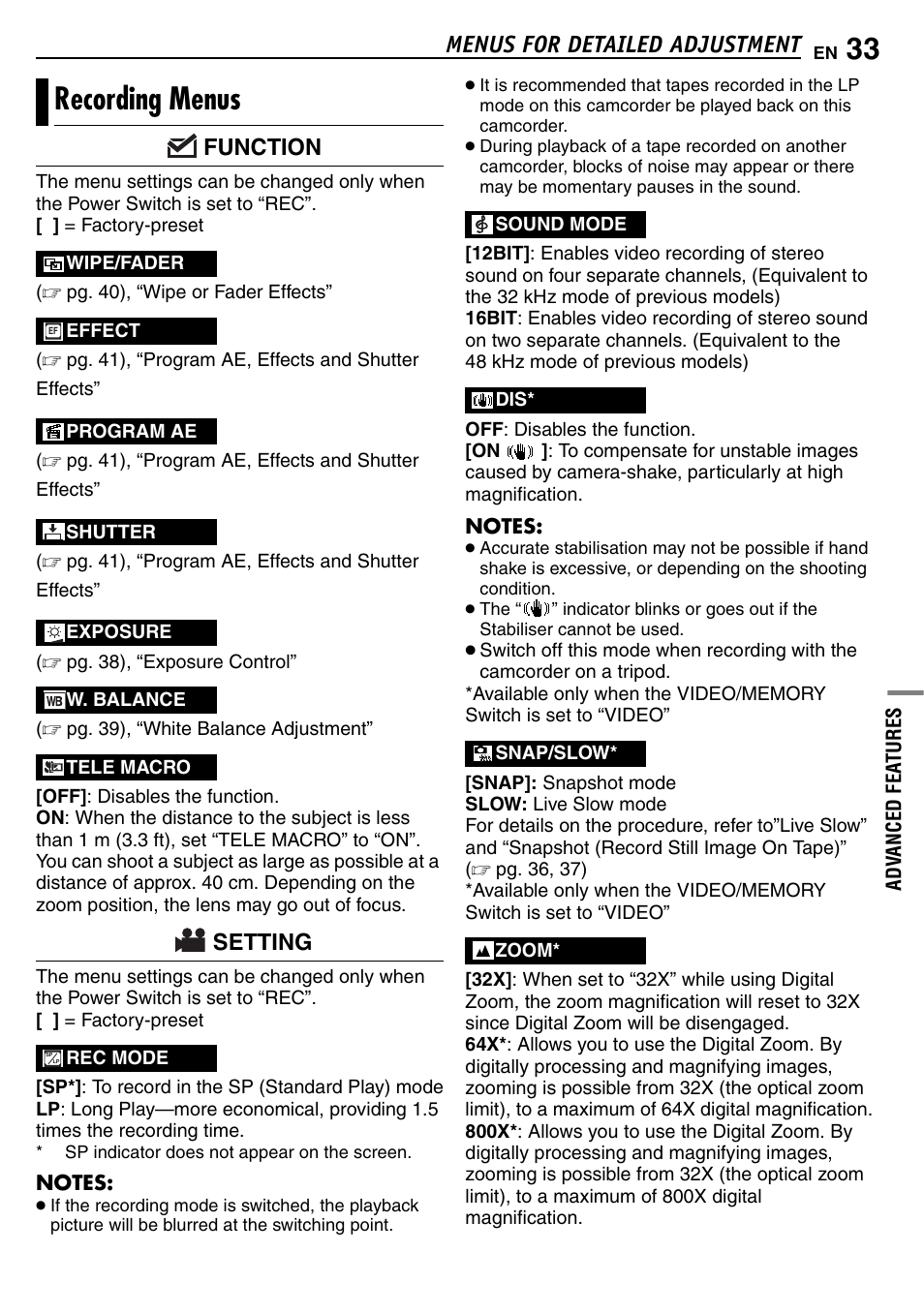 Recording menus, Pg. 33), Pg. 33 | Tion, Ting, Menus for detailed adjustment, Function, Setting | JVC GR-D390EK User Manual | Page 33 / 56